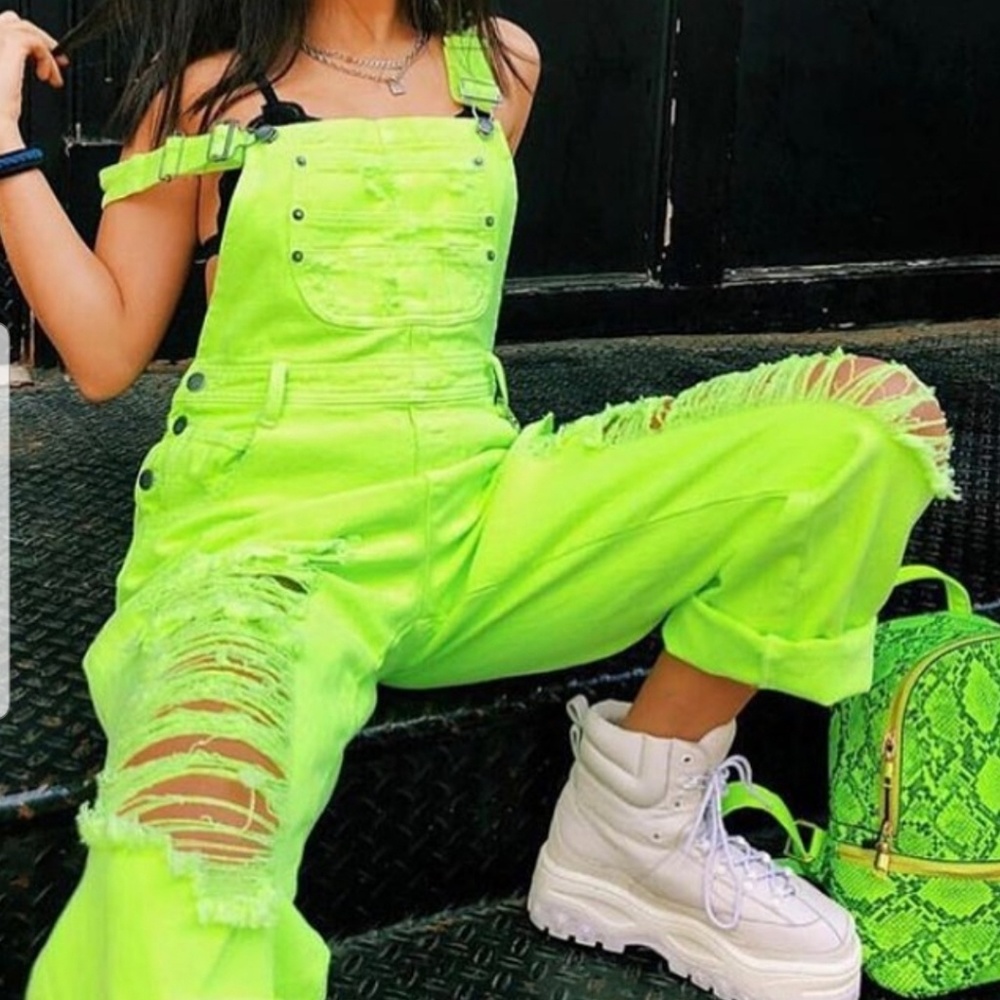 Neon denim overalls